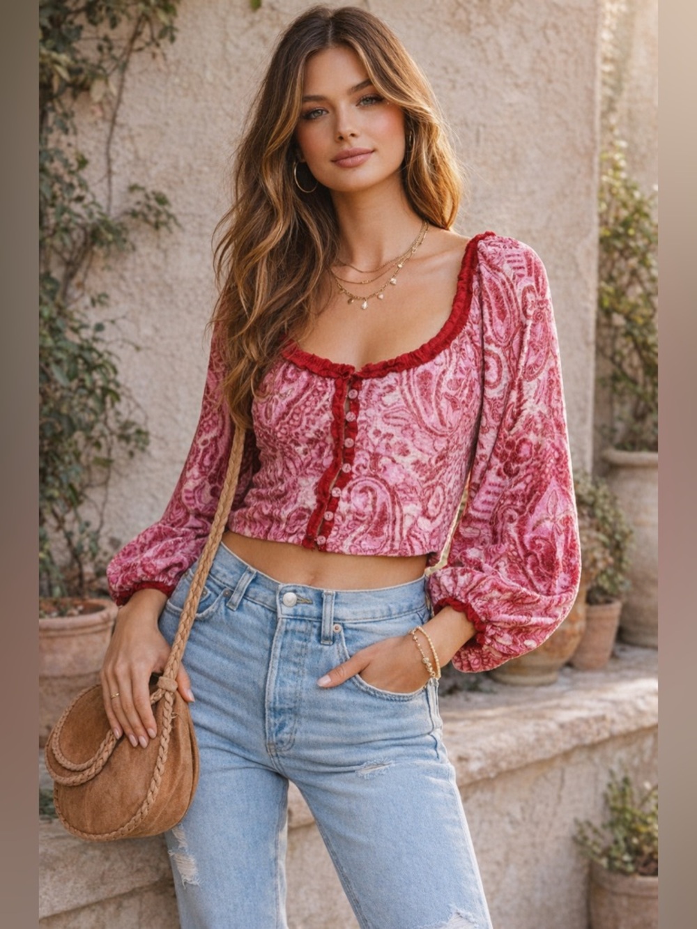 Free People Pink & Red Paisley Velvet Crop Top Boho Peasant Long Sleeve NWT